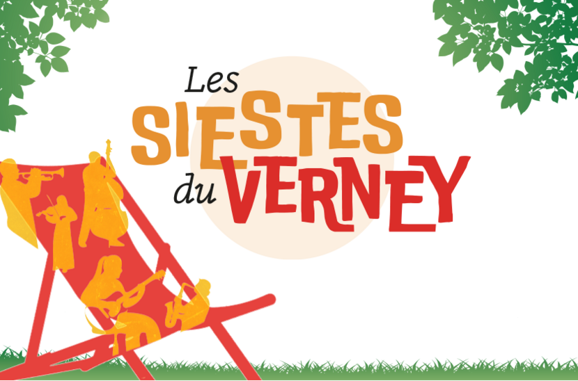 Illustration promotionnelle des Siestes du Verney avec des musiciens jouant sur un transat dans un parc