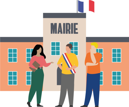 Illustration : des habitants et un élu devant une mairie