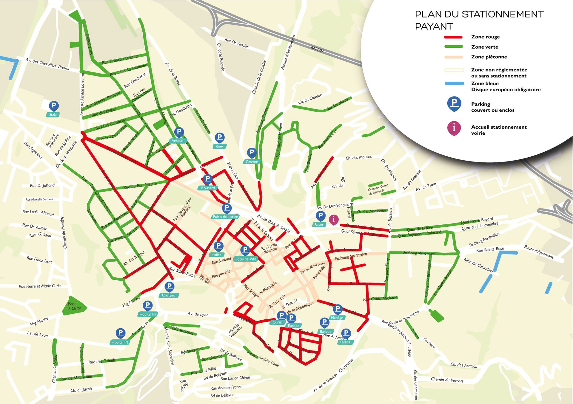 Plan zones vertes et rouges de stationnement à Chambéry