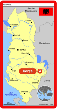 Carte de l'Albanie avec la localisation de Korçé située à l'Est du pays