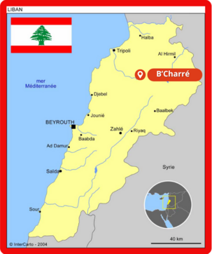 Carte du Liban avec la situation géographique de Caza de Bcharré dans la partie centrale du Nord du pays