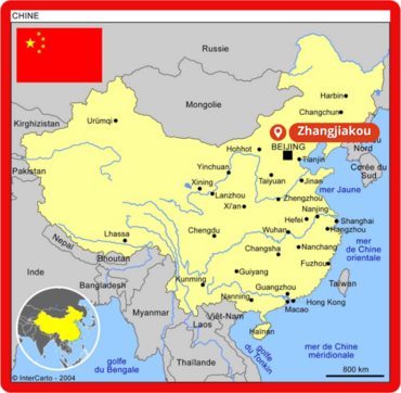 Carte de Chine avec la localisation de Zhangjiakou dans la partie Nord-Est du pays