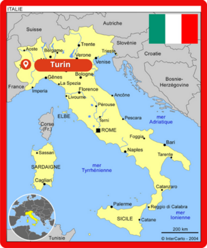 Carte de l'Italie avec la position géographique de Turin au Nord Ouest du pays