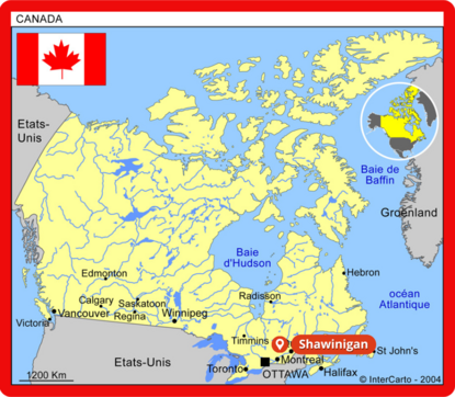 Carte du Canada avec la localisation géographique de Shawinigan situé au Sud-Est du pays au Nord de Montréal