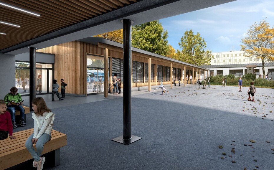 Perspective 3D du restaurant scolaire vue depuis de préau l'élémentaire