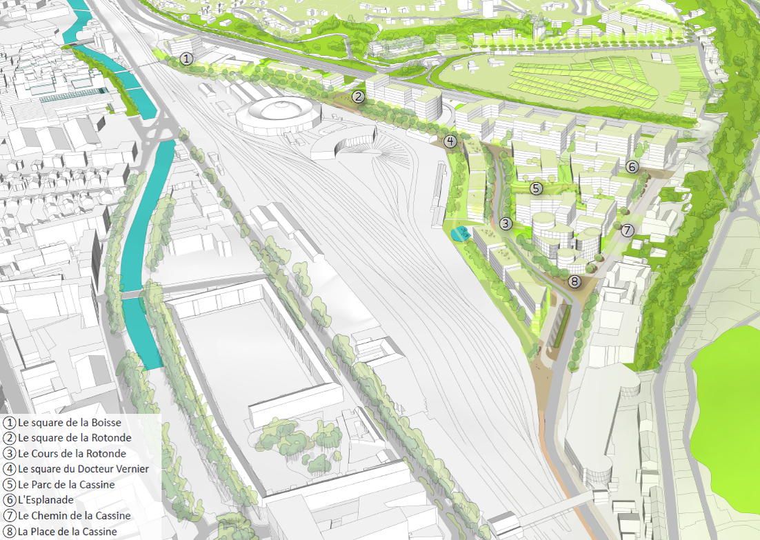 Plan avec l'emplacement des différents espaces publics de la Cassine