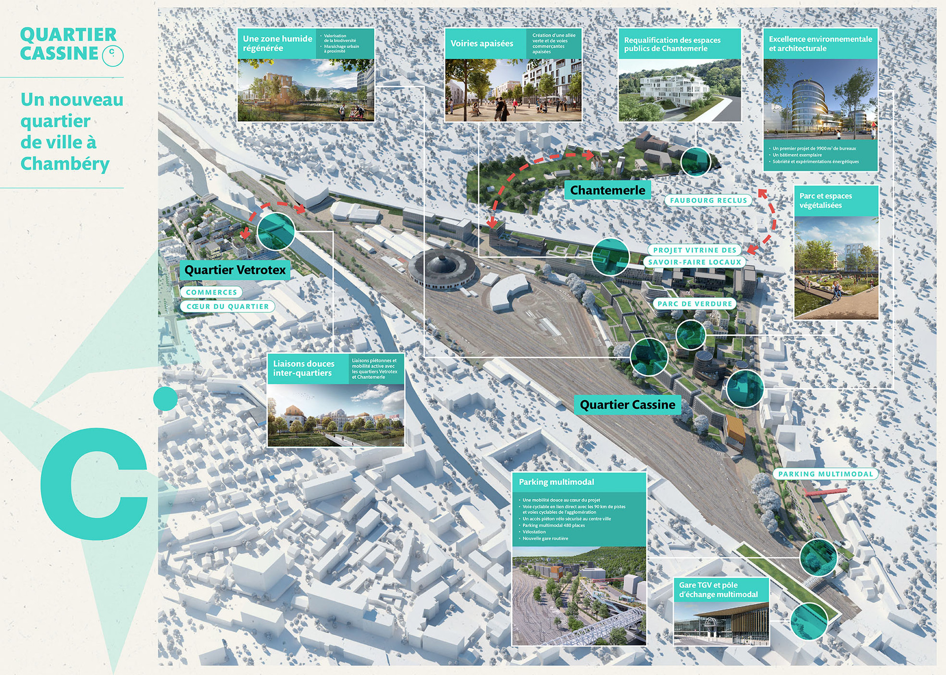 Plan de la Cassine avec les différents liens et accès avec les autres quartiers de la ville