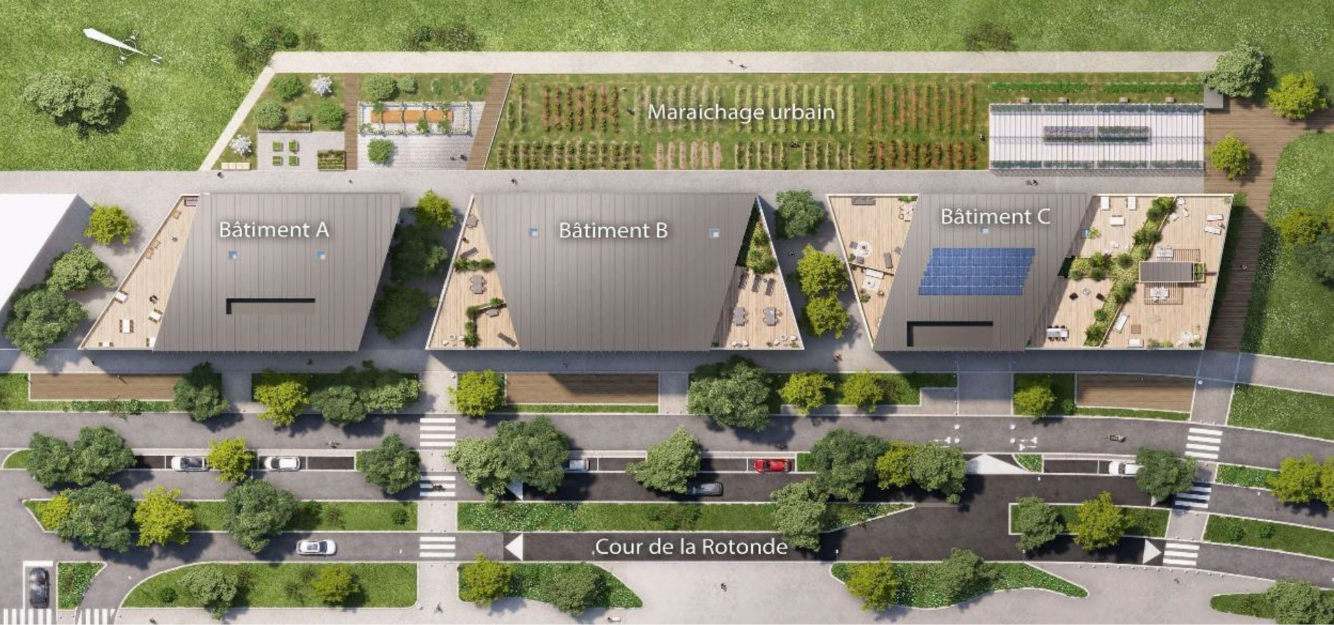 Perspective 3D avec l'emplacement des différents bâtiments et la zone de maraîchage